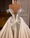 BMbride Exquisite Floor Length V-Neck Off-The-Shoulder A-Line Satin Prom Dress with Beads BMbride