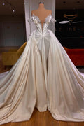 BMbride Exquisite Floor Length V-Neck Off-The-Shoulder A-Line Satin Prom Dress with Beads BMbride
