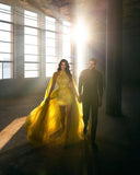 BMbride Extravagant Long Gold Sleeveless Prom Dresses With Detachable Train BMbride
