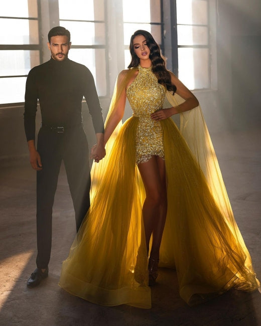 BMbride Extravagant Long Gold Sleeveless Prom Dresses With Detachable Train BMbride