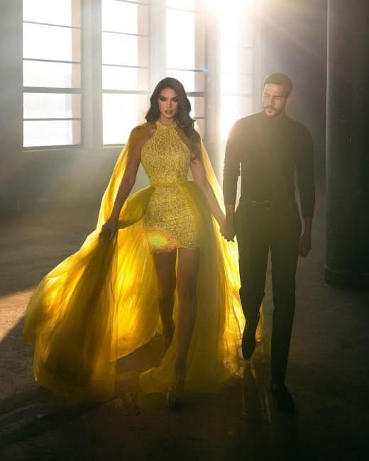 BMbride Extravagant Long Gold Sleeveless Prom Dresses With Detachable Train BMbride
