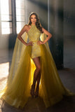 BMbride Extravagant Long Gold Sleeveless Prom Dresses With Detachable Train BMbride
