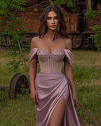 BMbride Eye-catching Off The Shoulder Satin Dusty Pink Split Mermaid Evening Dresses BMbride