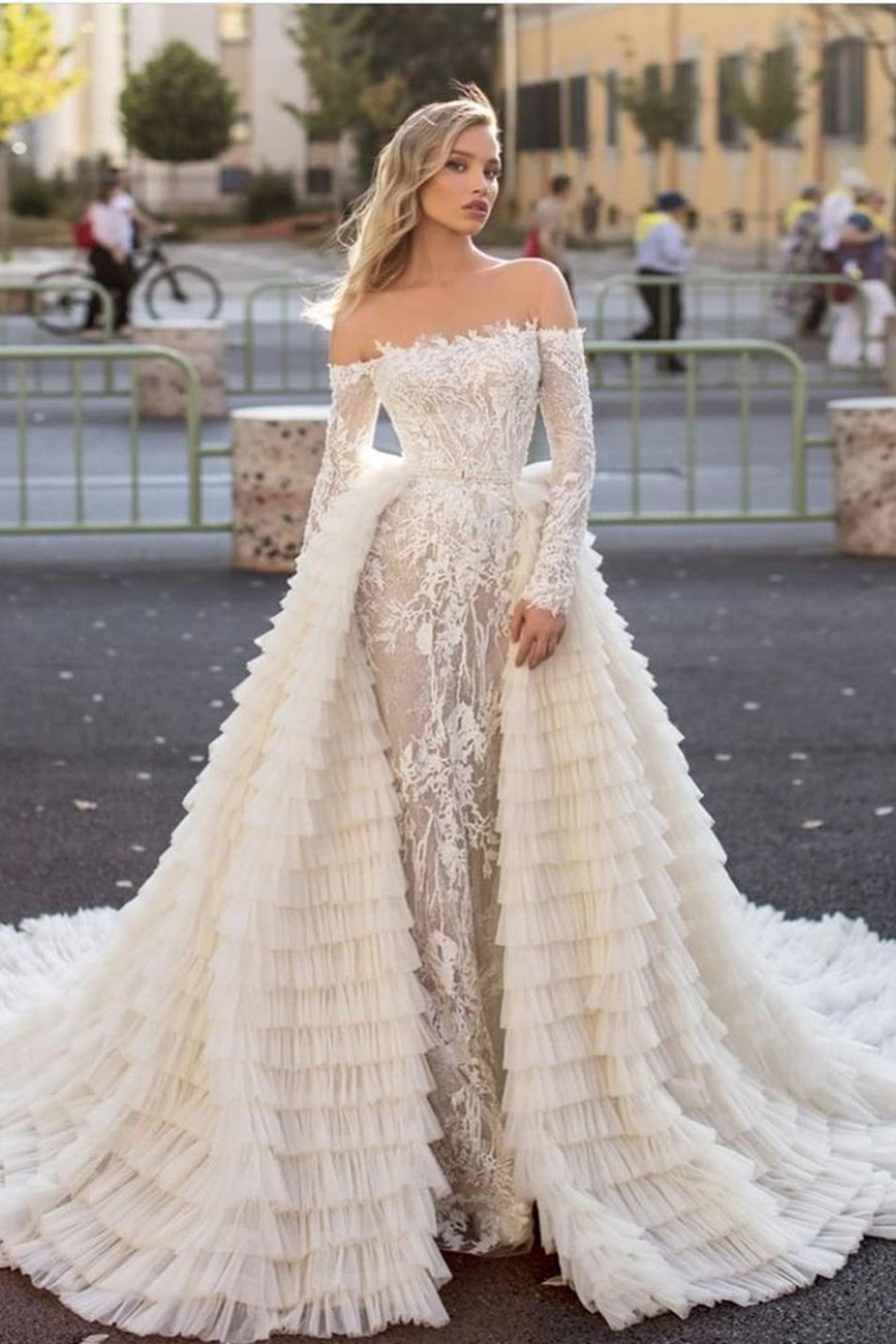 Off-the-Shoulder A-Line Long Sleeve Mermaid Wedding Dress with Train BM bride