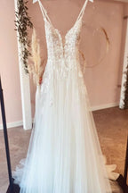 Beautiful Long A-Line Tulle Backless Wedding Dress with Lace Appliques BM bride