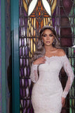 Long Mermaid Off-the-Shoulder Wedding Dress with Detachable Sleeves BM bride