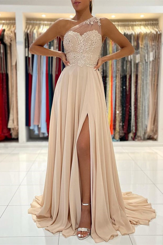 Glamorous One Shoulder Sleeveless Lace Appliques Prom Dress With Front Split BMBRIDE