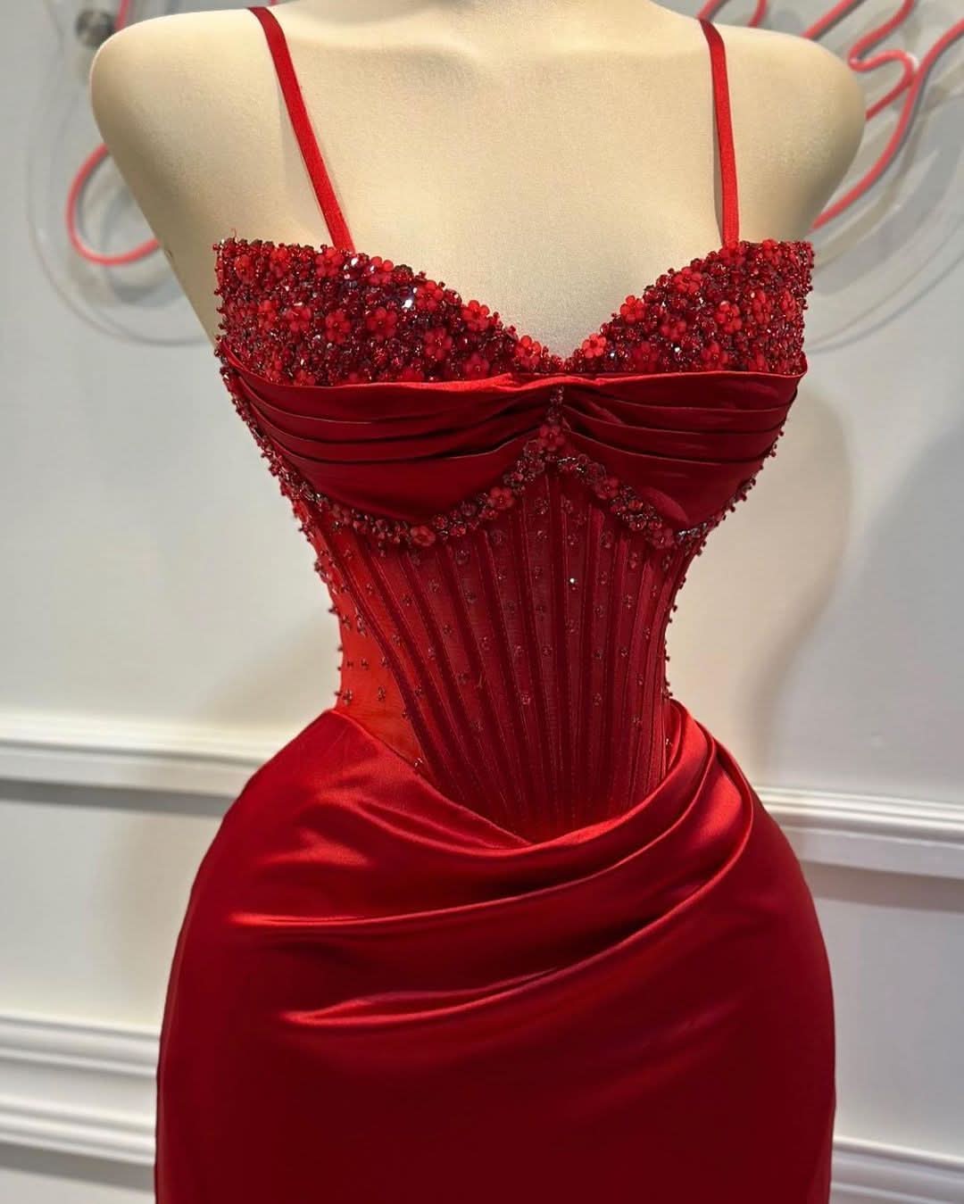 Fashion Red Spaghetti Strap Split Mermaid Prom Dress BM bride