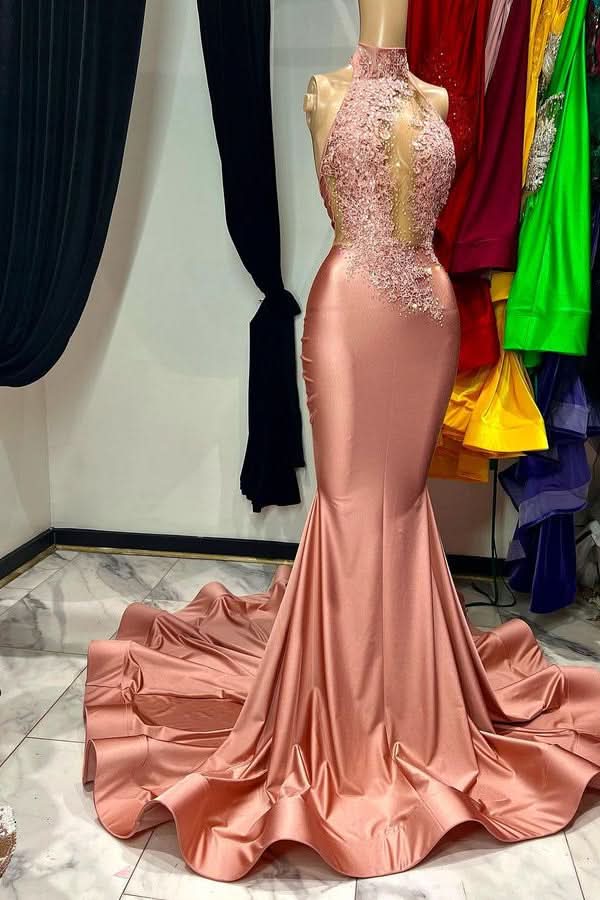 Coral Red Mermaid Prom Dress with Sleeveless Halter and Appliques BM bride