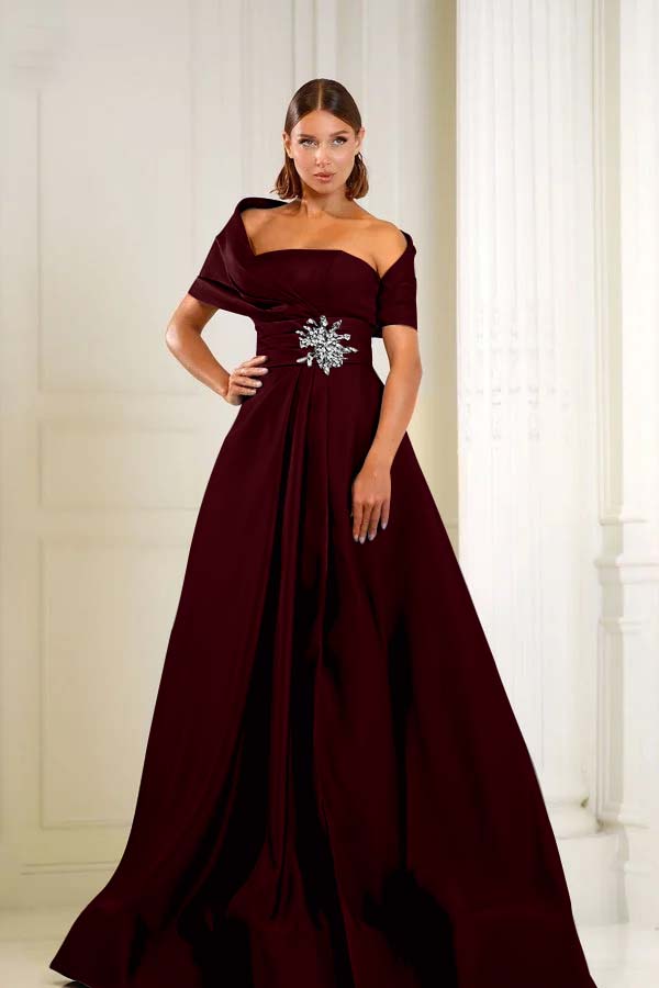 Off the Shoulder Sleeveless Long Prom Dress With Pleated Beading BMBRIDE