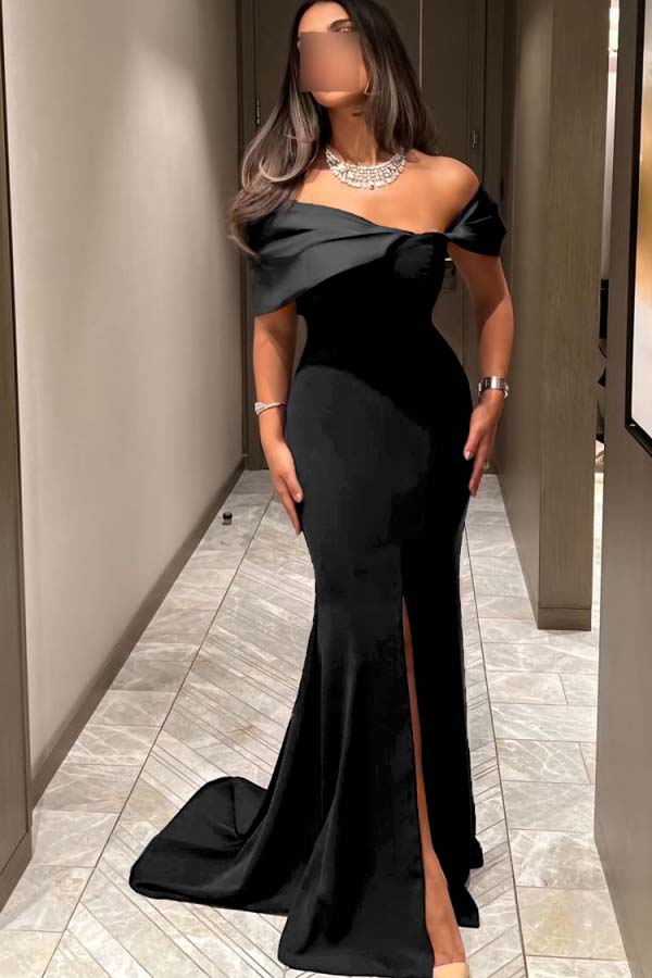 Off the Shoulder Sleeveless Long Mermaid Prom Dress With Pleated BMBRIDE