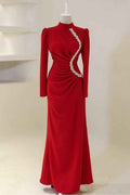 Red High Neck Long Sleeves Long Prom Dress With Pleated Beading