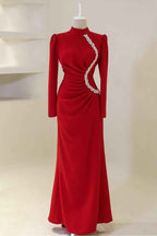 Red High Neck Long Sleeves Long Prom Dress With Pleated Beading