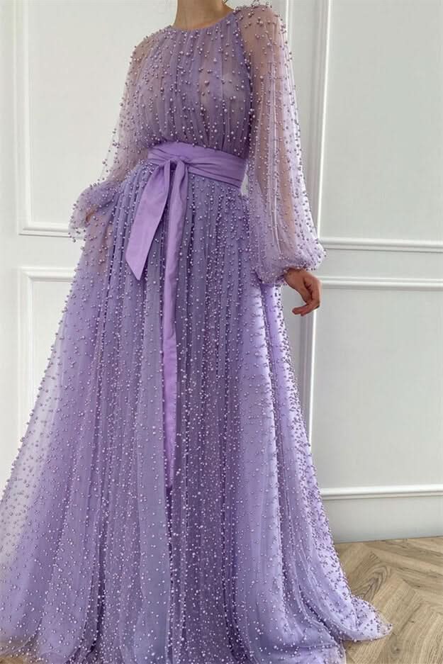 Lilac Pearls Mermaid Evening Dress with Beadings, Jewel, and Belt Online BM bride