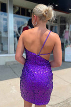 Sparkly Purple Sequined Cut Out Backless Tight Short Homecoming Dress