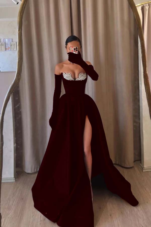 Strapless Sleeveless Long Split Prom Dress With Beading Long Gloves BMBRIDE