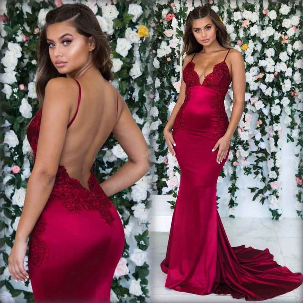 Burgundy Spaghetti Strap Sleeveless Backless Mermaid Lace Prom Dress Long