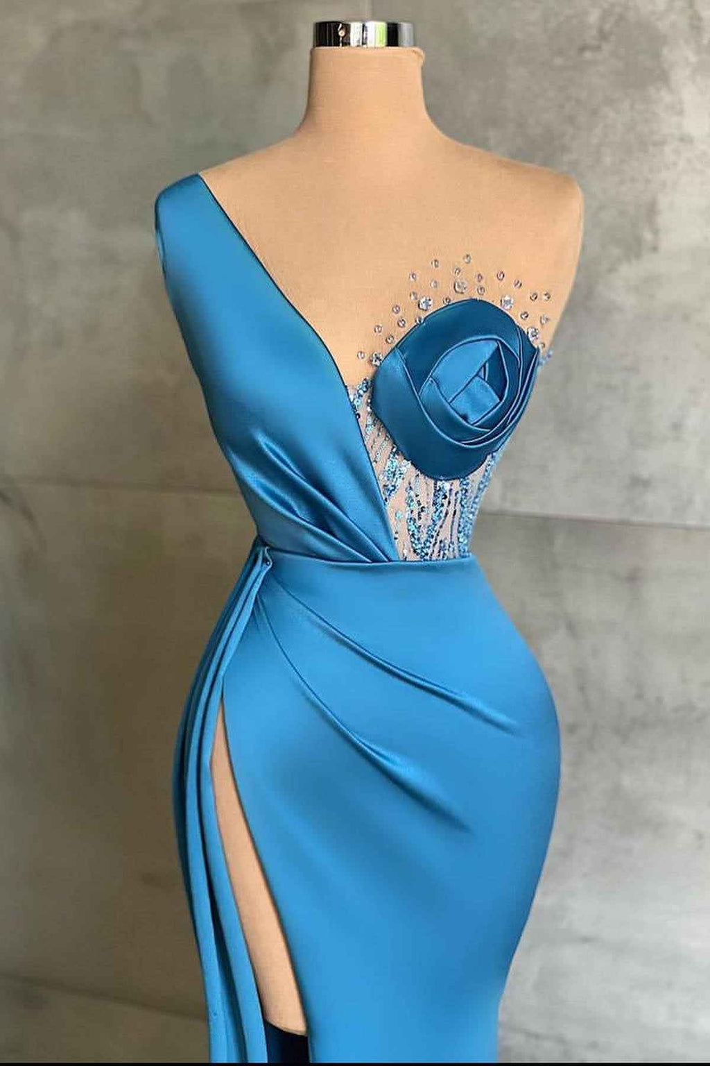 Ocean Blue One Shoulder Beading Mermaid Long Prom Dress With Split