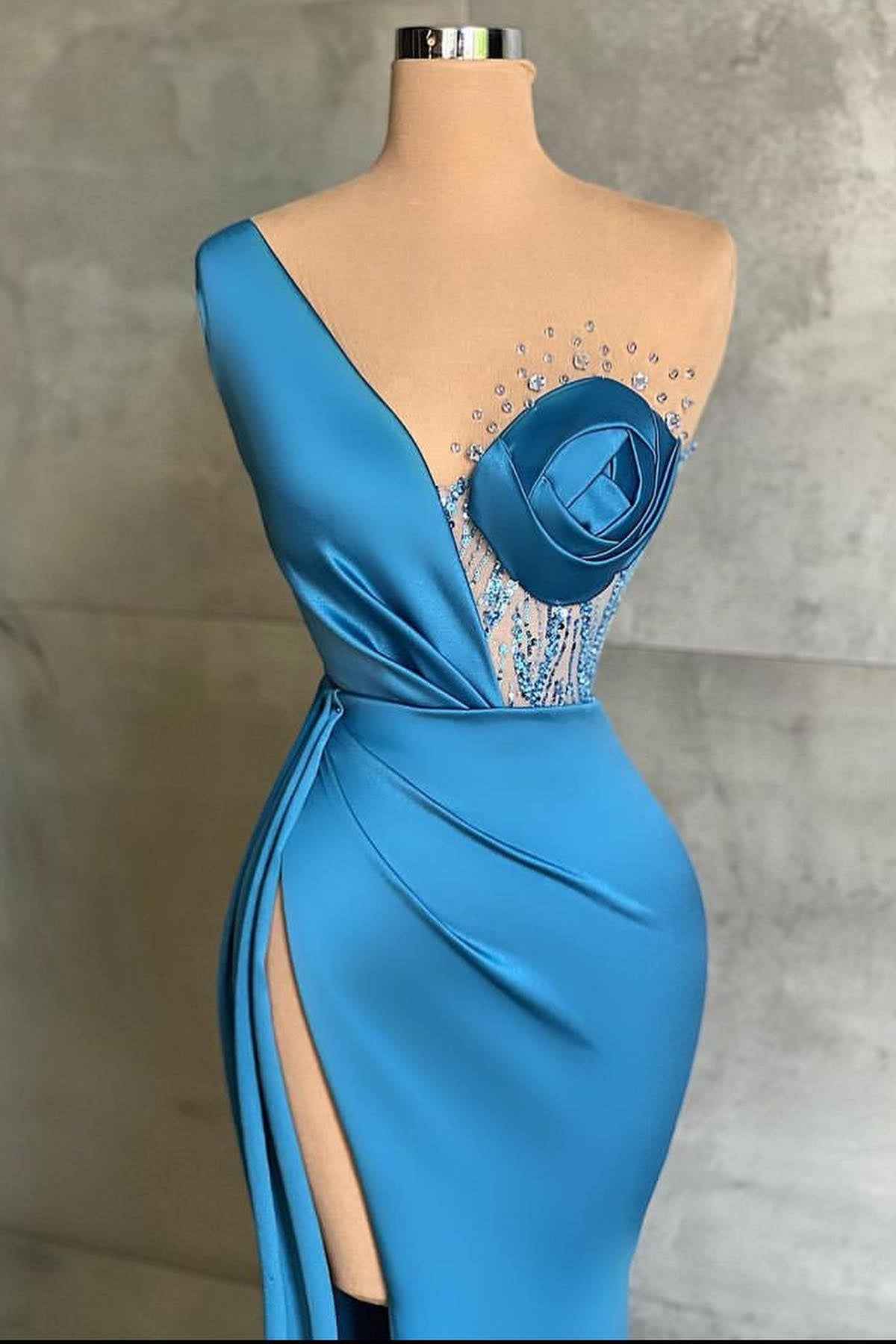 Ocean Blue One Shoulder Beading Mermaid Long Prom Dress With Split