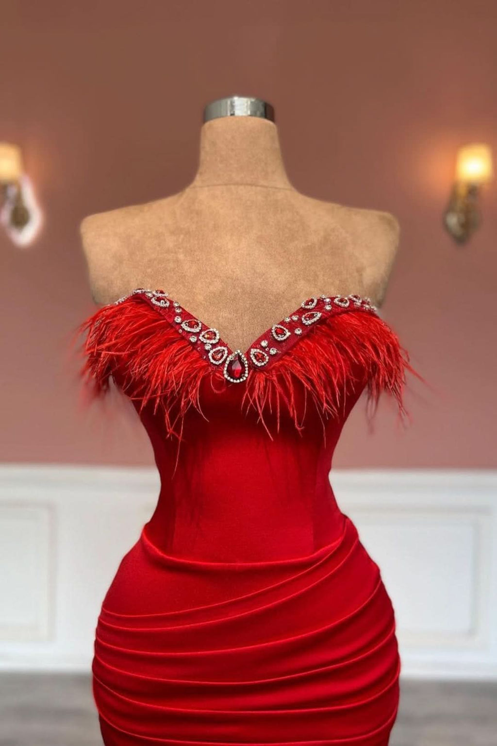 Red Long Sleeveless Sweetheart Satin Prom Dress with Tassel Decoration BM bride