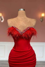 Prom Dress Red Long Sleeveless Feather Decoration Sweetheart Satin