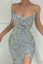 Modern Silver Split Strapless Mermaid Long Prom Dress with Sequins BM bride