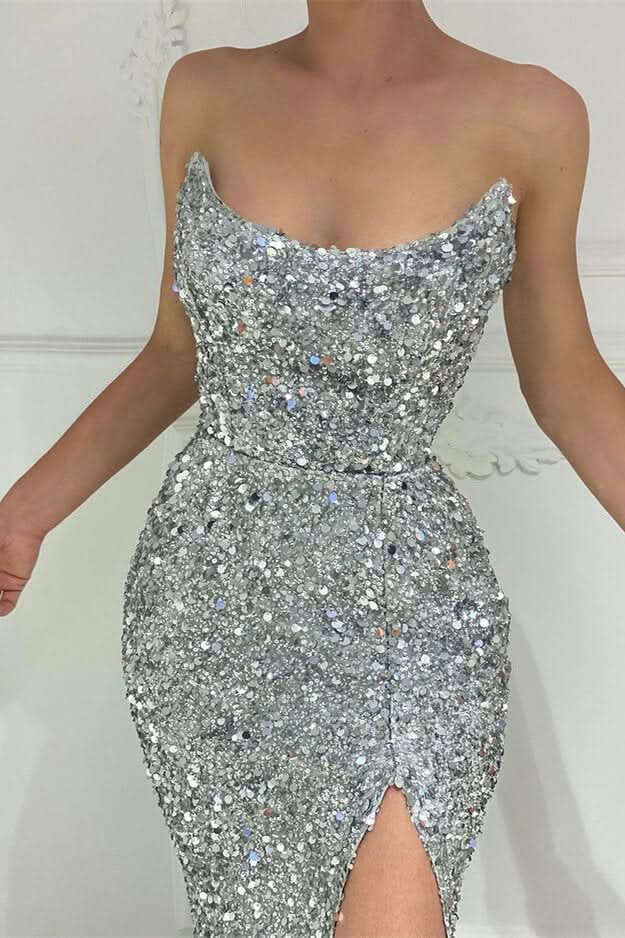 Modern Silver Split Strapless Mermaid Long Prom Dress with Sequins BM bride