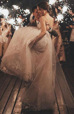 Long Sleeveless Tulle Lace Spaghetti Strap A-Line Wedding Dress with V-Neck BM bride