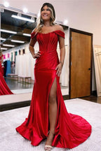 Elegant Sequins Off-The-Shoulder Evening Dress with Pleated Slit BM bride