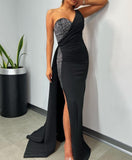 Black One-Shoulder V-Neck Long Prom Dress with Sequin Appliqued and Slit BM bride