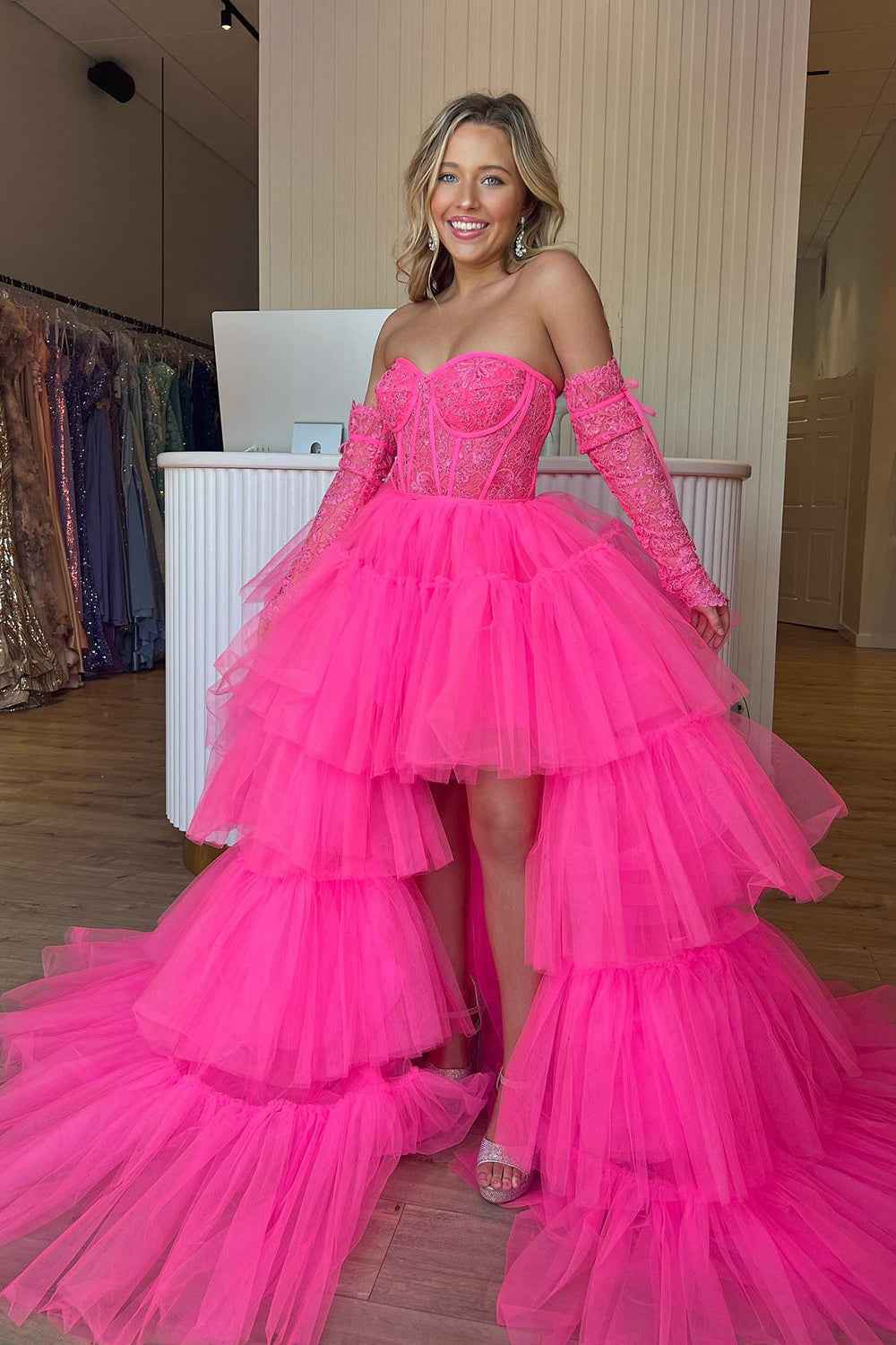 Hot Pink High Low Detachable Sleeves Corset Homecoming Dress with Lace Bmbride
