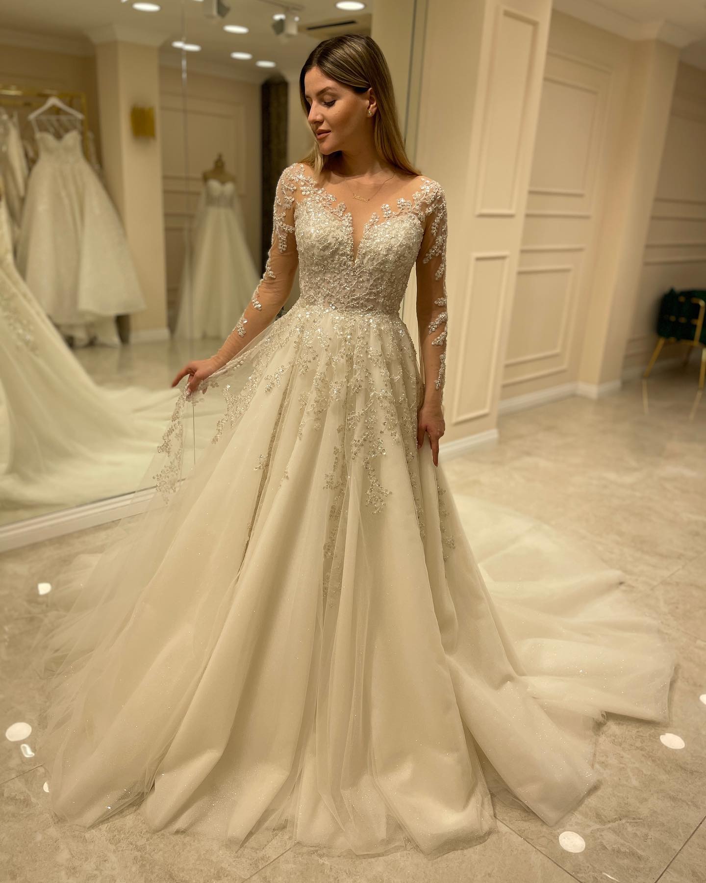 Elegant Long A-Line Wedding Dress with Lace Appliques and Sleeves BM bride
