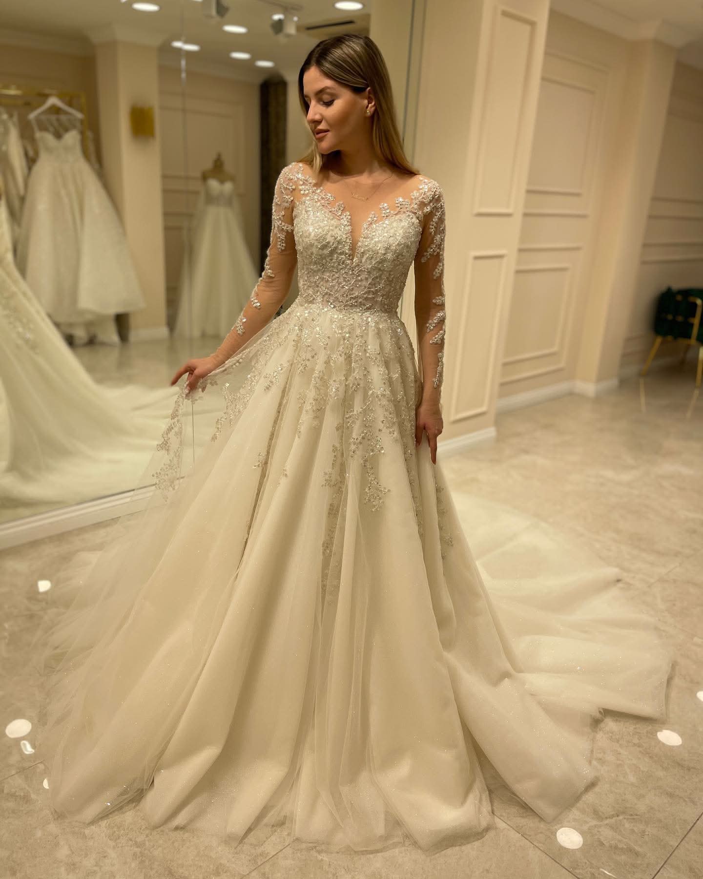 Elegant Long A-Line Wedding Dress with Lace Appliques and Sleeves BM bride