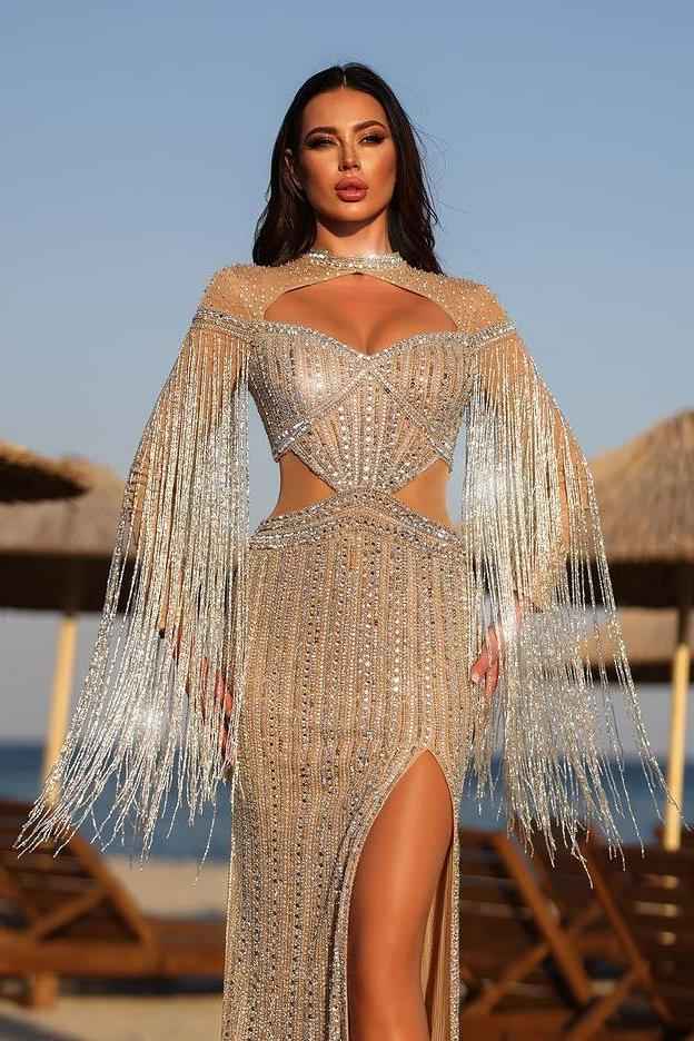 Chic Jewel Necks Long Sleeves Beadings High Split Prom Dress With Tassel