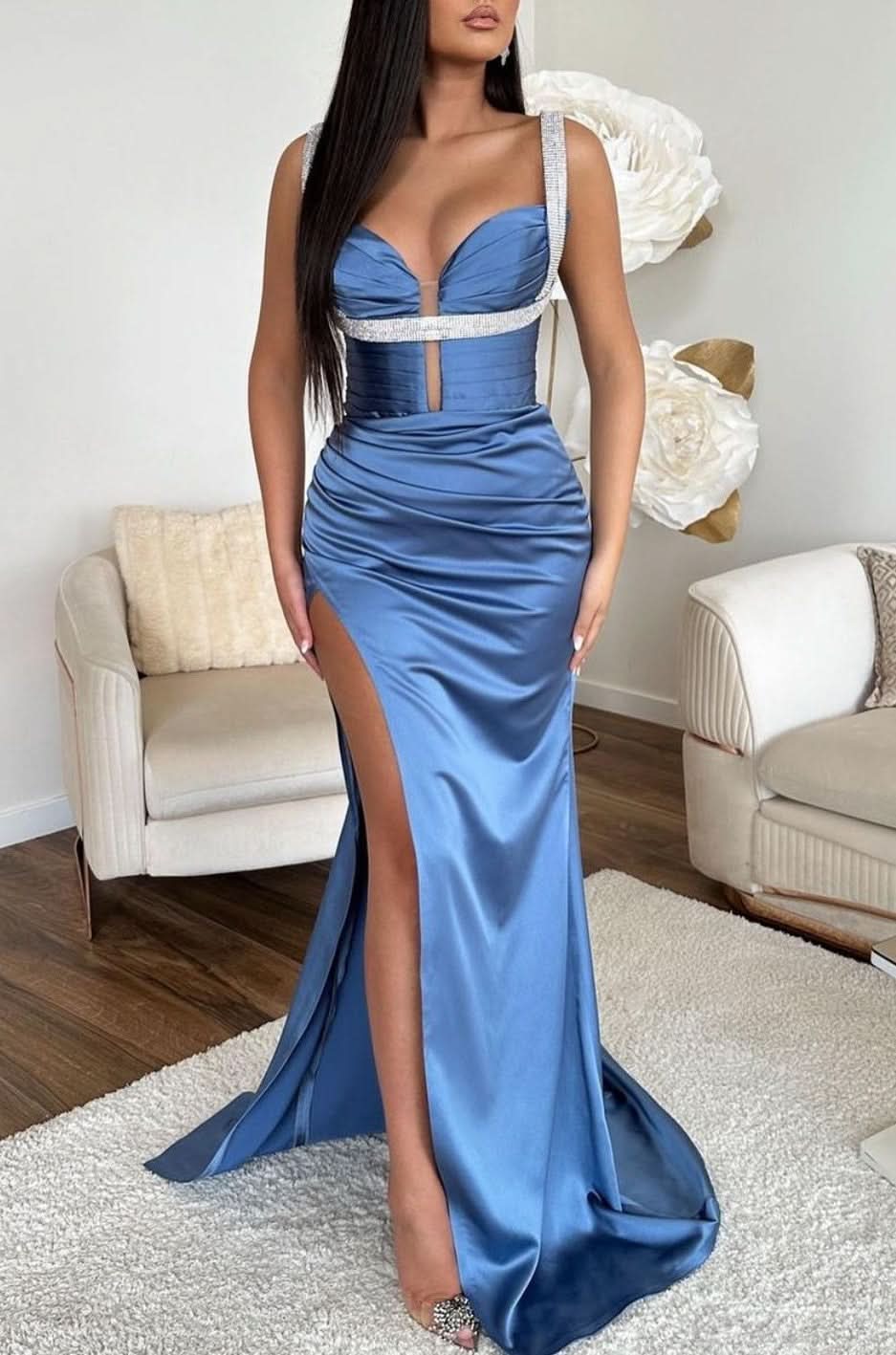 Ocean Blue Spaghetti-Strap V-Neck Sleeveless Mermaid Prom Dress with High Slit BM bride