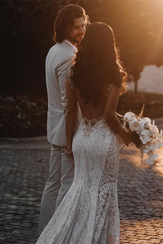 Sheer Strap Chapel Train Lace Mermaid Wedding Dress with Beading BM bride