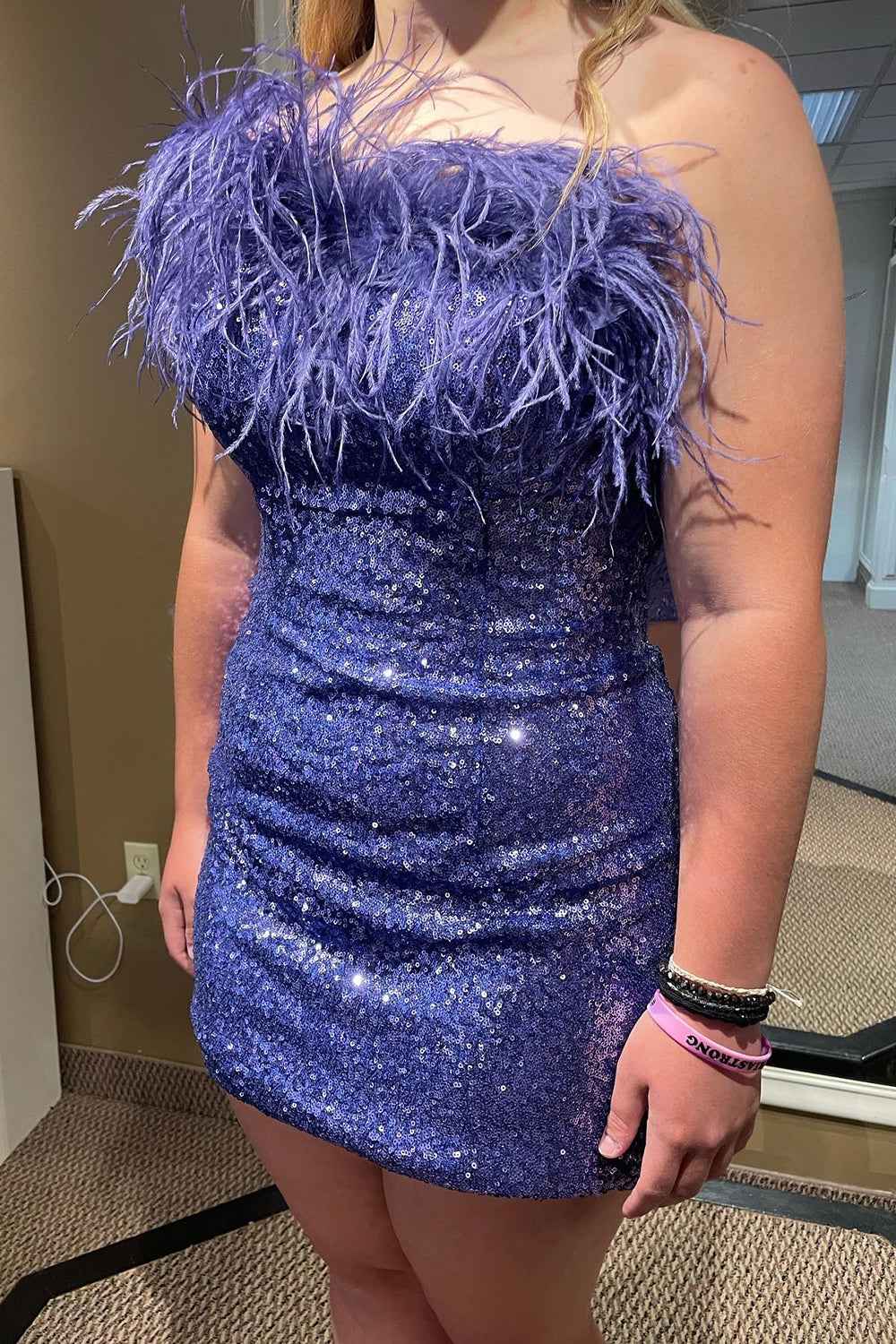 Blue Tight Sequins Homecoming Dress with Feathers Bmbride