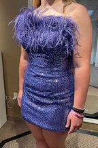 Blue Tight Sequins Homecoming Dress with Feathers Bmbride