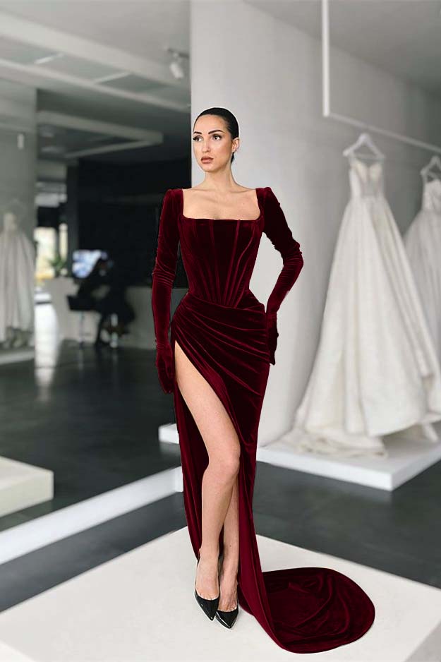 Stunning Square Neck Long Sleeves Pleated Long Prom Dress With Side Split BMBRIDE
