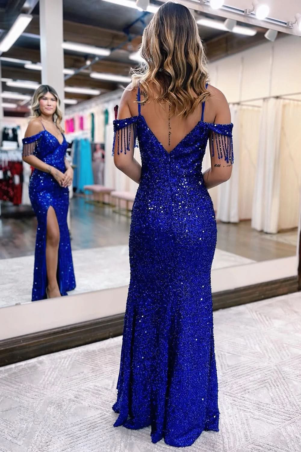 Elegant Mermaid Off-the-Shoulder Sequins Prom Dress with Fringe BM bride