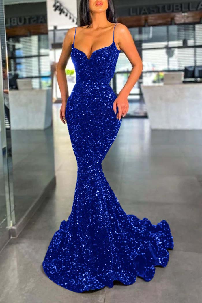 Spaghetti Strap Sleeveless Long Mermaid Prom Dress With Sequins BMBRIDE