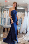 Stylish Simple Mermaid One Shoulder Navy Blue Satin Long Prom Dress BM bride