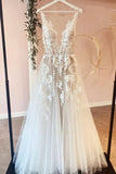 Sleeveless Long A-Line Lace Wedding Dress with Tulle Appliques BM bride