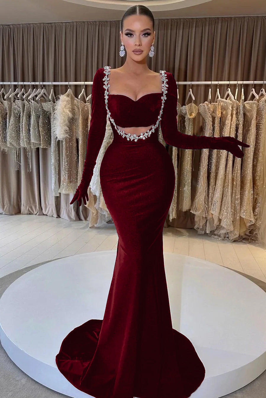Charming Black Velvet Long Sleeve Beaded Long Mermaid Prom Dress With Gloves BMBRIDE