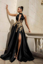 Halter Sleeveless Long Prom Dress With High Split Appliques