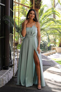 Spaghetti Strap Sleeveless Pleated Long Prom Dress With Front Split