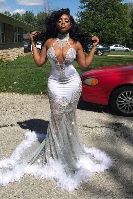 Halter Neck Mermaid Long Prom Dress Waist Skimming With Appliques Feathers