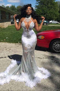 Halter Neck Mermaid Prom Dress Waist Skimming With Appliques Feathers