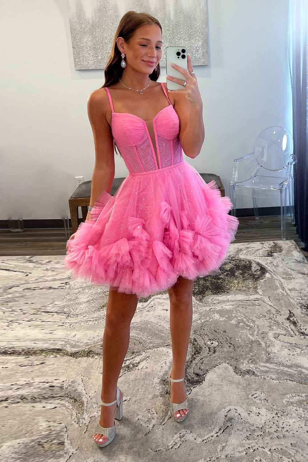 Glitter Blue Corset Tulle A-Line Tulle Short Homecoming Dress With Pocket
