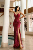 Sexy Red Sleeveless Sequined Spaghetti Strap Evening Dress BM bride